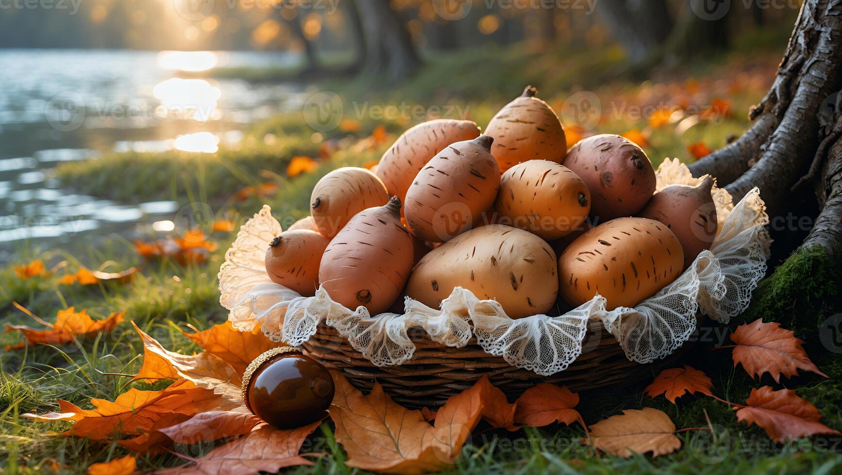 A rustic basket filled with sweet potatoes resting on colorful autumn leaves by a serene lake photo