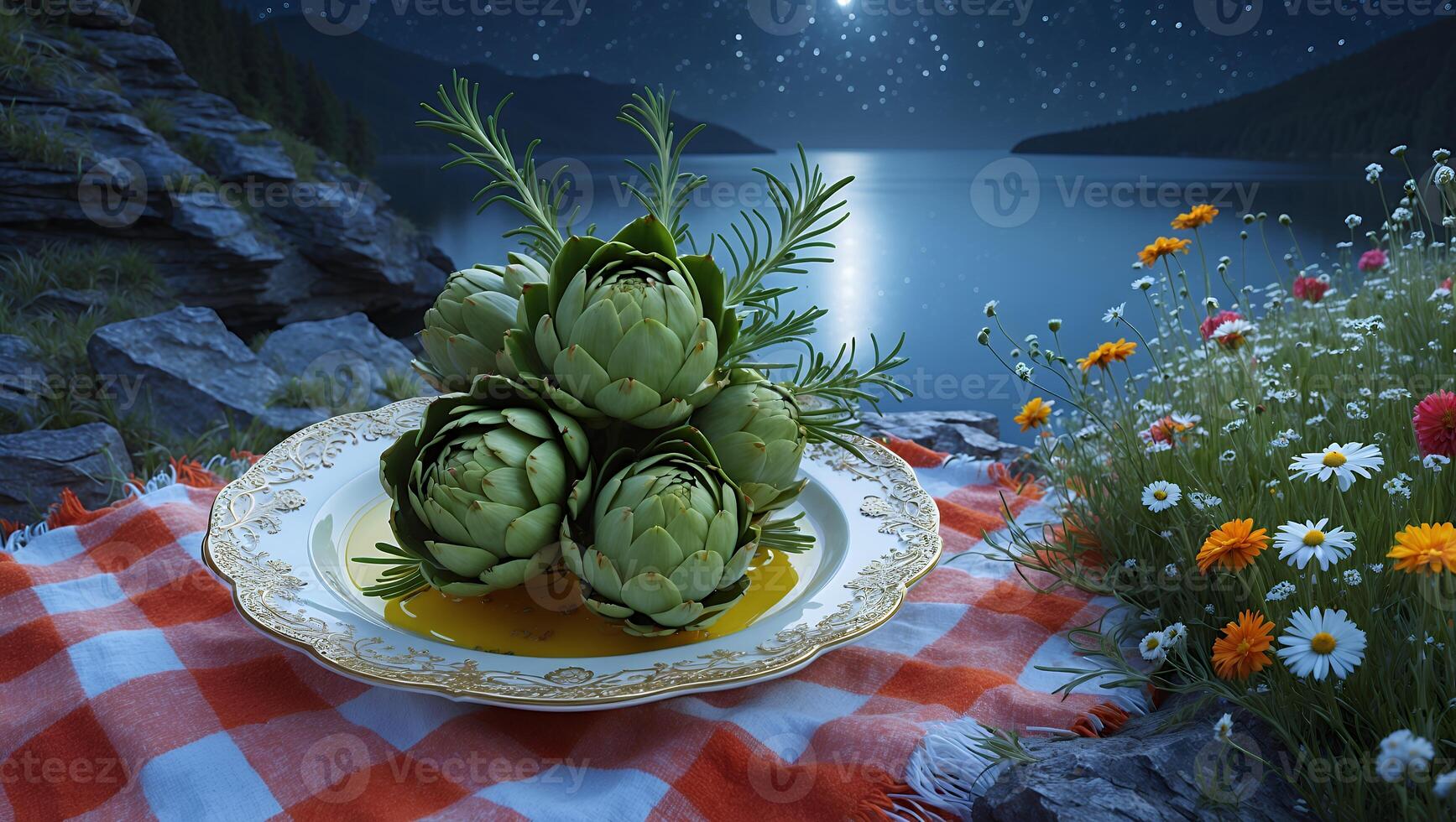 Artfully arranged artichokes on a plate beside a serene lakeside at night, with stars twinkling above photo