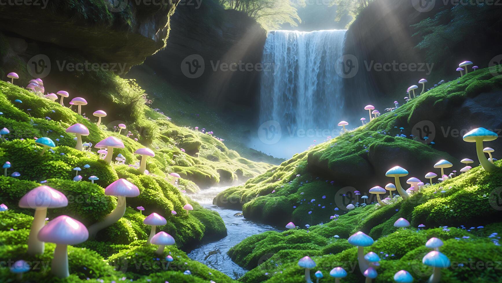 Enchanted waterfall scene with vibrant mushrooms and lush greenery, illuminated by soft sunlight photo