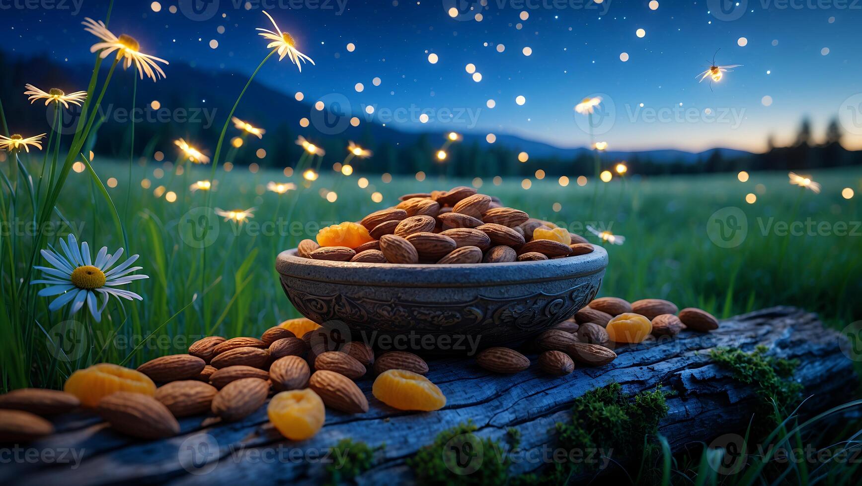 Bowl of almonds and dried fruit on a log in a serene meadow at dusk with twinkling lights photo