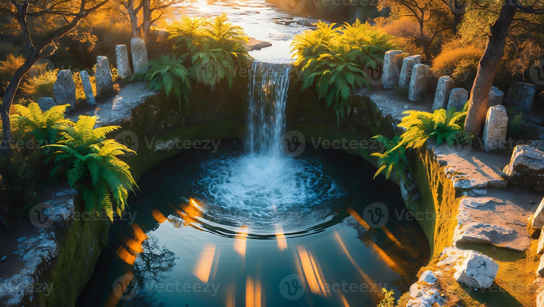 Serene waterfall cascading into a circular pool surrounded by lush greenery at sunset photo