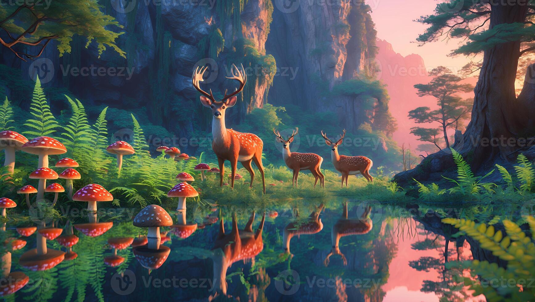 Serene forest scene with deer near a tranquil pond surrounded by vibrant mushrooms and lush greenery photo