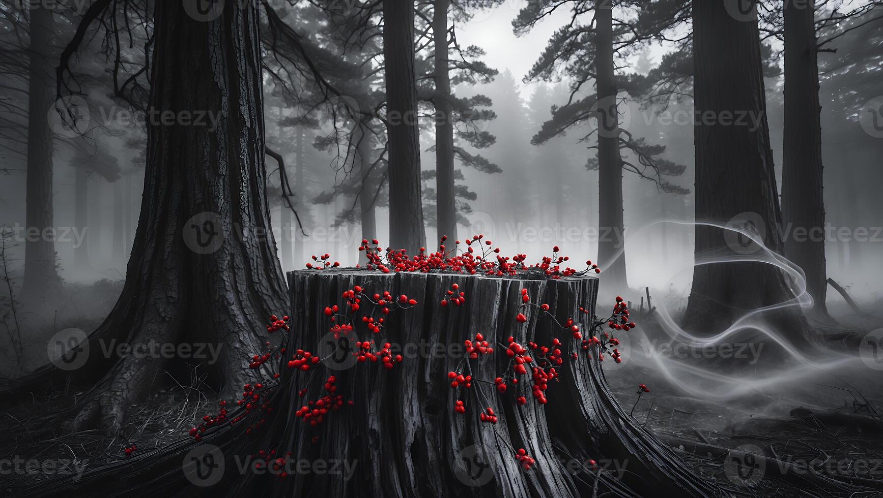 A mystical forest scene featuring a red mushroom cluster atop a tree stump surrounded by misty trees photo
