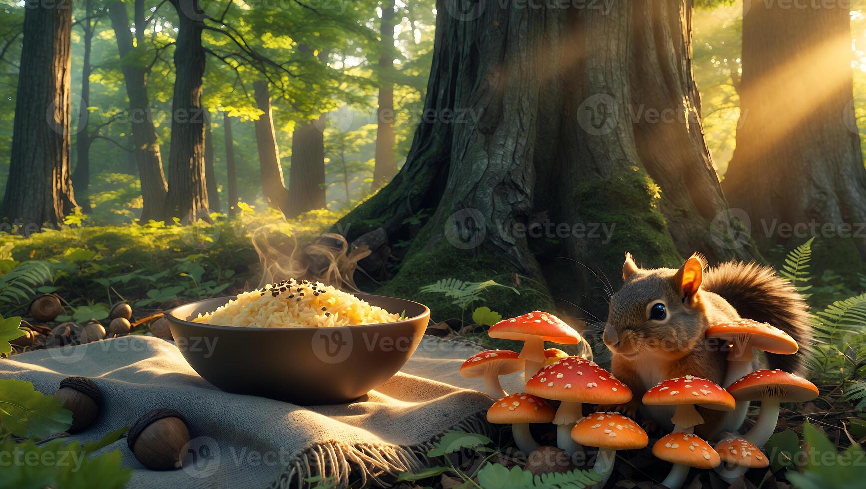 Squirrel in a Forest with Steaming Rice Dish Surrounded by Colorful Mushrooms and Sunlight photo