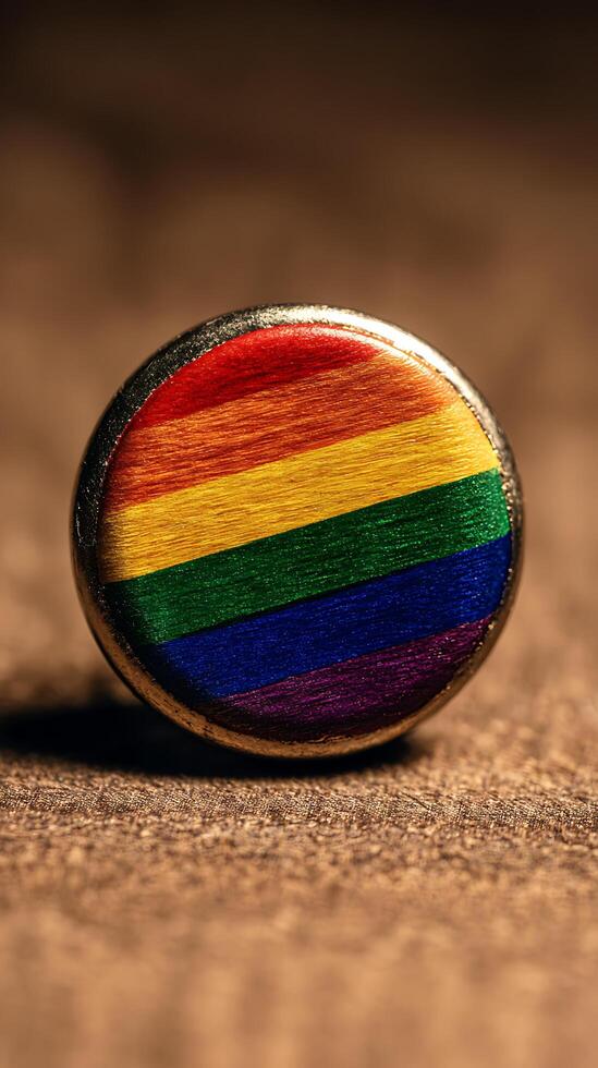 Close Up Macro Shot of a Shiny Rainbow Pride Flag Pin. photo