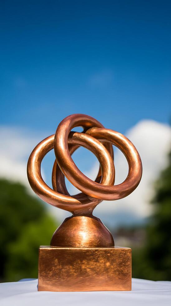 Shining Copper Sculpture Against a Bright Blue Sky. photo