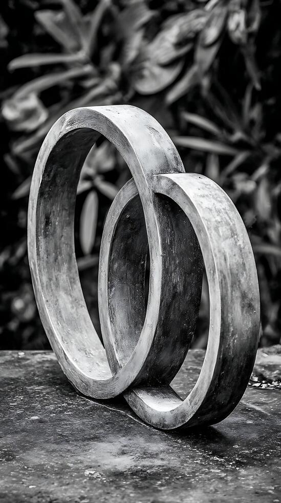 Interlocking Rings Sculpture Symbolizing Unity and Connection in Monochrome. photo
