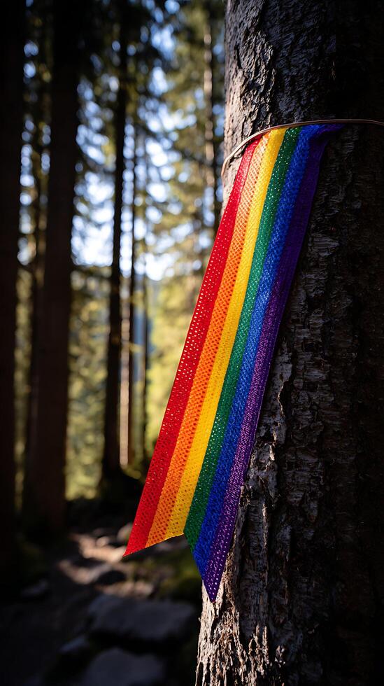 Rainbow Pride Flag Tied to a Tree in a Sunlit Forest. photo