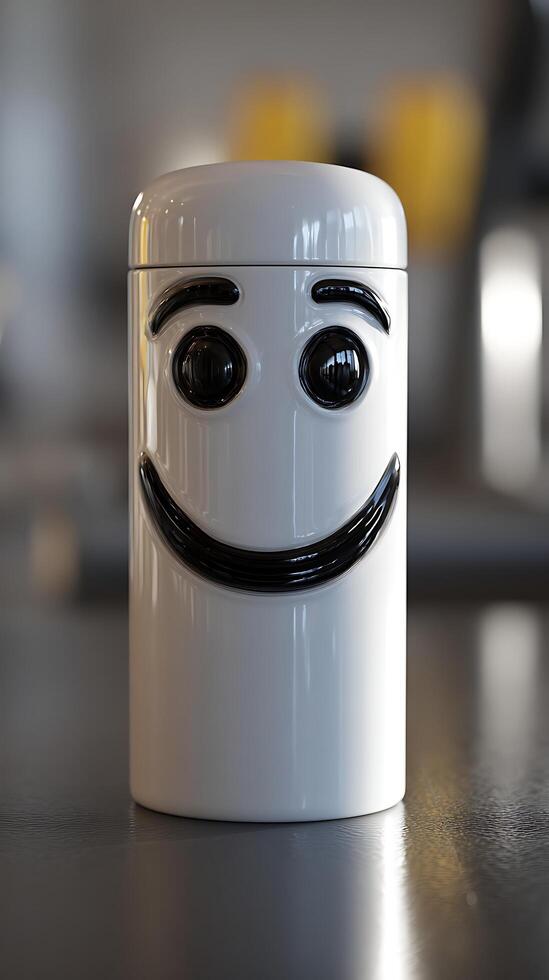 A Shiny White Pot with a Happy Face on a Reflective Surface. photo