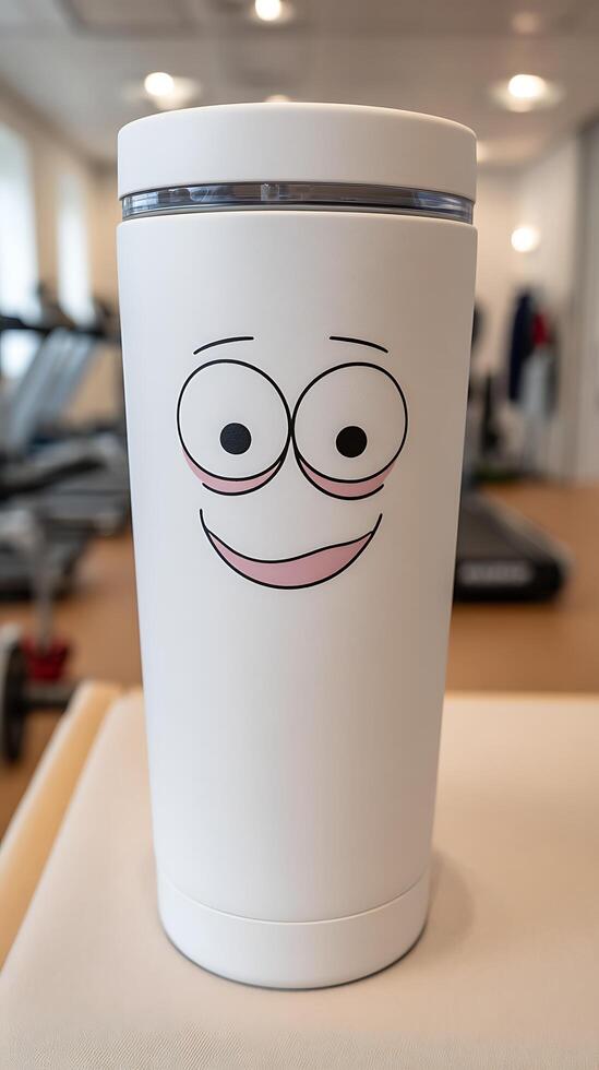 Cheerful Travel Mug with Funny Face at the Gym. photo