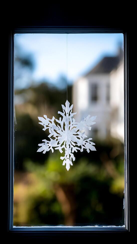 Paper Snowflake Decoration Hangs in a Frosted Window pane. photo