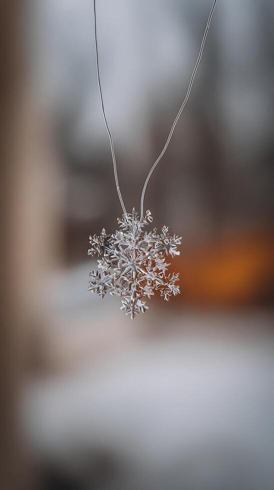 Intricate Snowflake Ornament Hanging with Warm Bokeh Background. photo