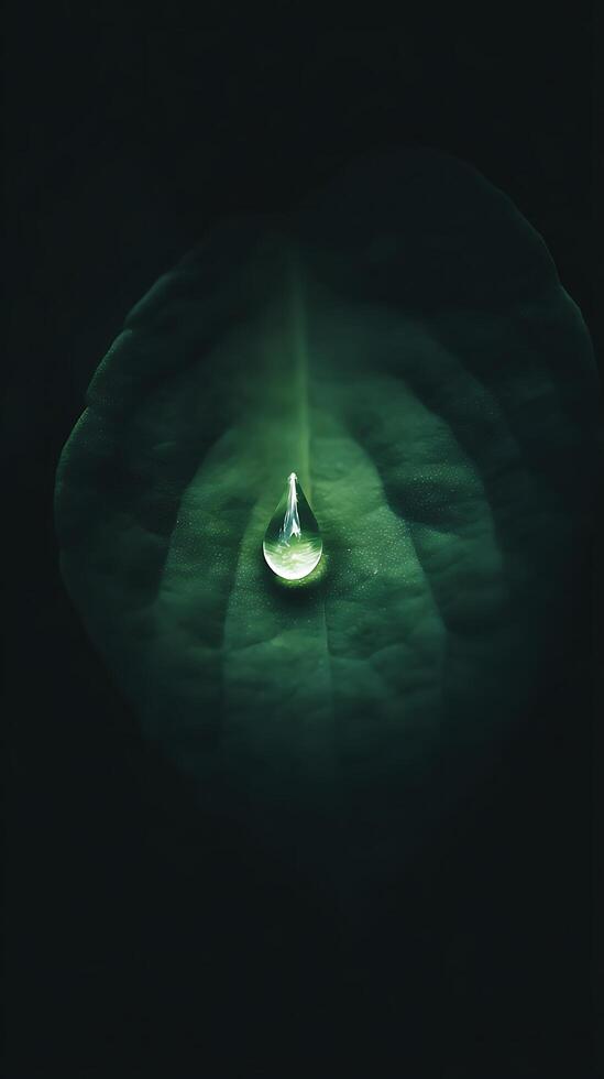 Macro View of a Single Water Droplet Resting on a Dark Green Leaf. photo