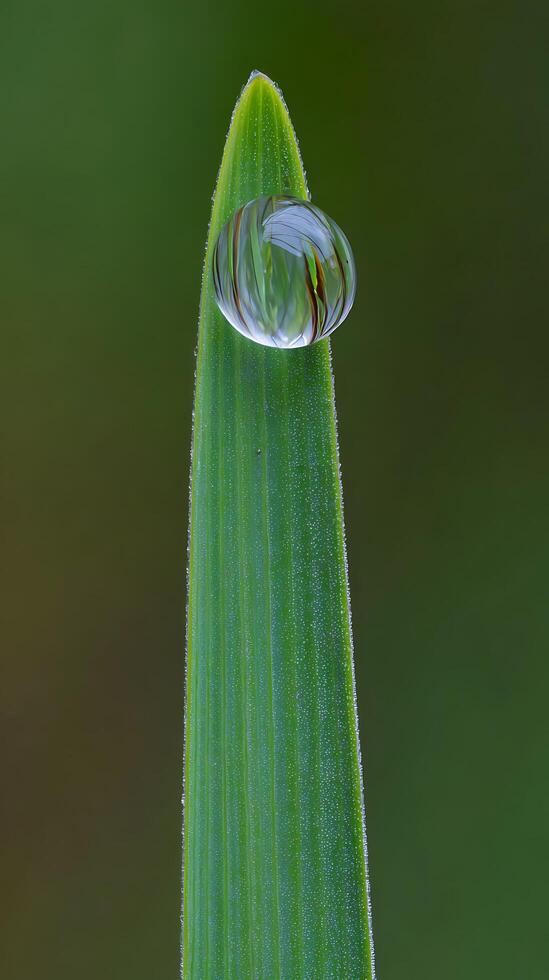 Macro View of a Dewdrop on a Green Leaf Tip. photo