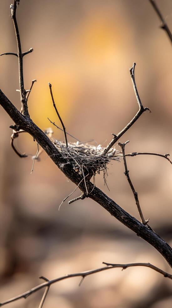 Abandoned Bird Nest Waiting for Spring on Dry Branches. photo