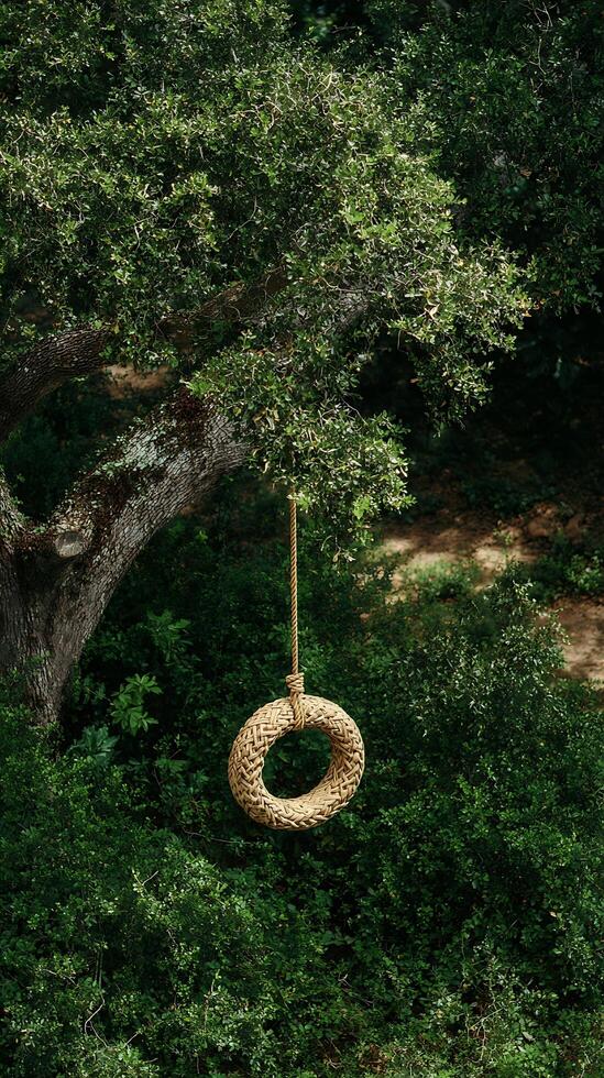 Rustic Tire Swing Hangs from an Old Tree Branch in Lush Greenery. photo
