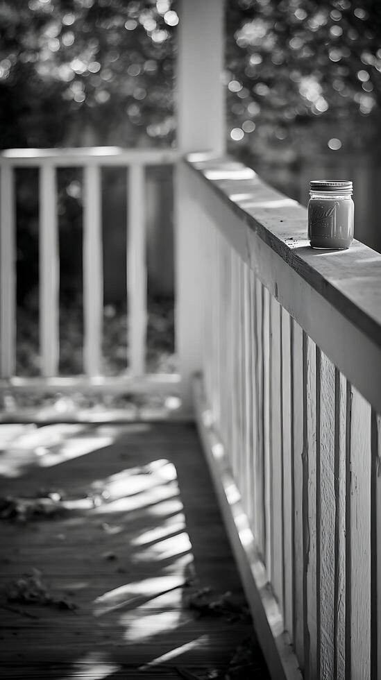 A Jar of Sunshine on a Porch Railing with Soft Bokeh Background photo
