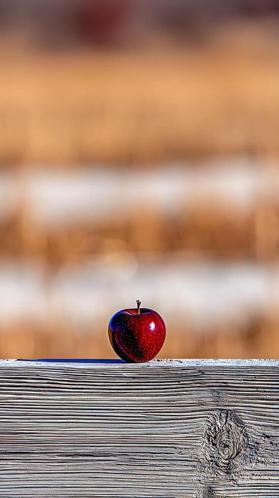 A Single Shiny Red Apple on a Weathered Wooden Surface. photo