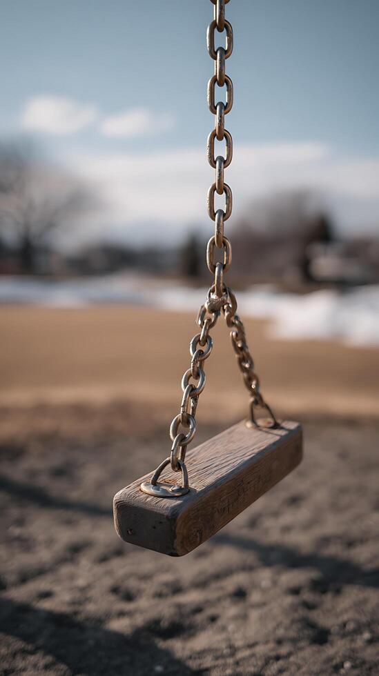Solitary swing hanging in a quiet park on a winter day. photo
