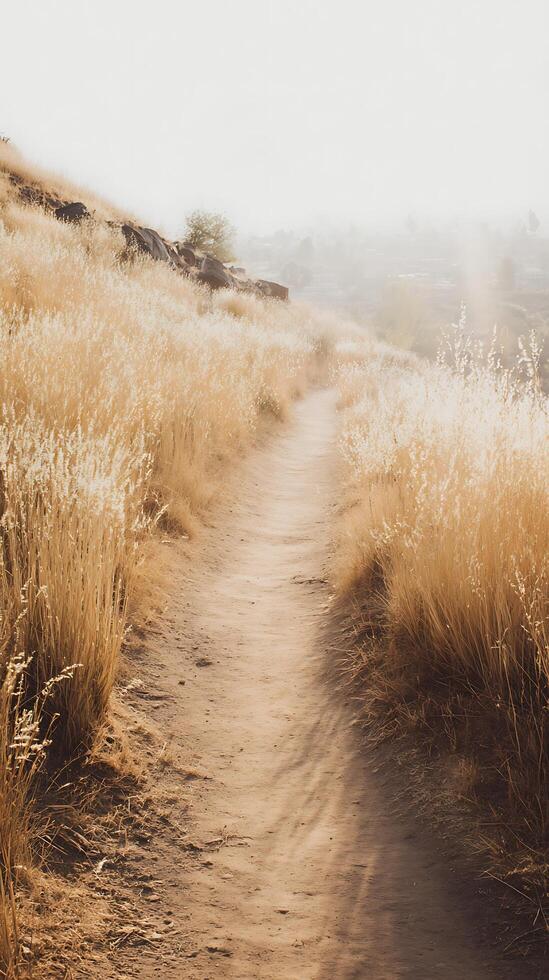 Golden Path Winding Through Dry Grasslands Under Soft Morning Light. photo