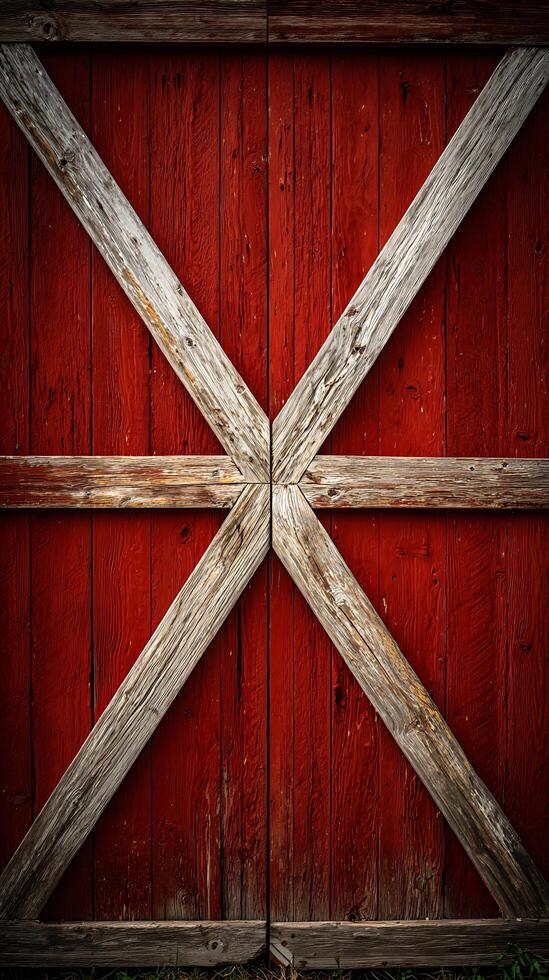 Rustic Red Barn Doors with Weathered Wooden X Brace. photo