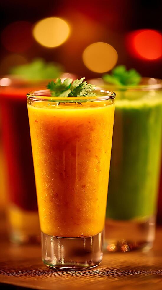 Vibrant Colorful Smoothies with Fresh Garnish in Glasses. photo