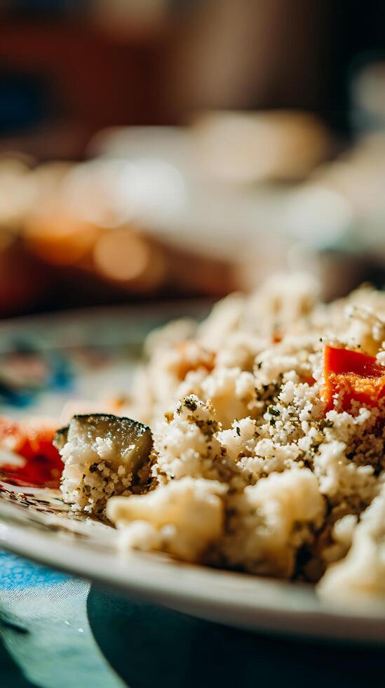 Delicious Couscous Dish with Fresh Ingredients and Warm Lighting. photo