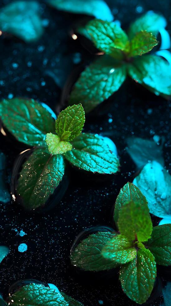 Refreshing Mint Leaves Emerging from Dark, Sparkly Water. photo