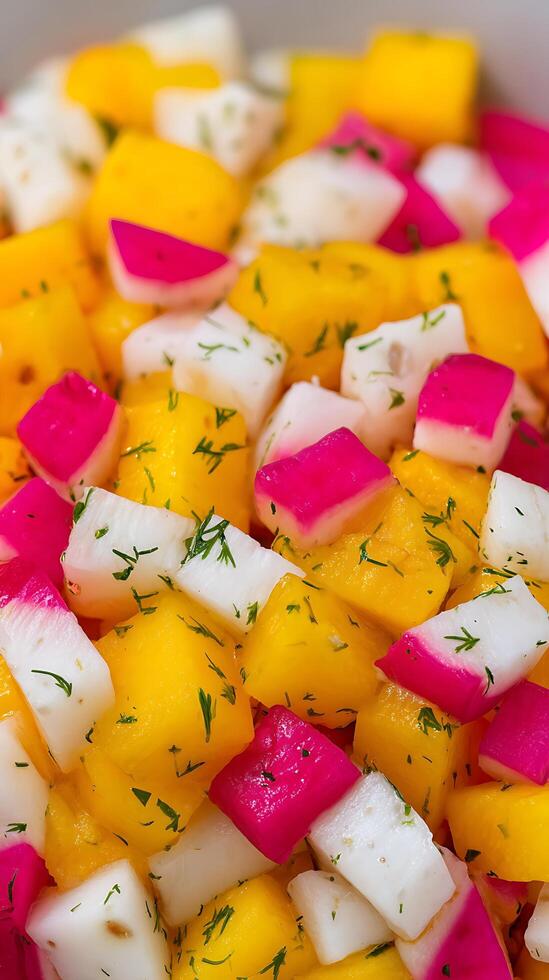 Vibrant Chopped Mango Radish Salad with Fresh Dill. photo