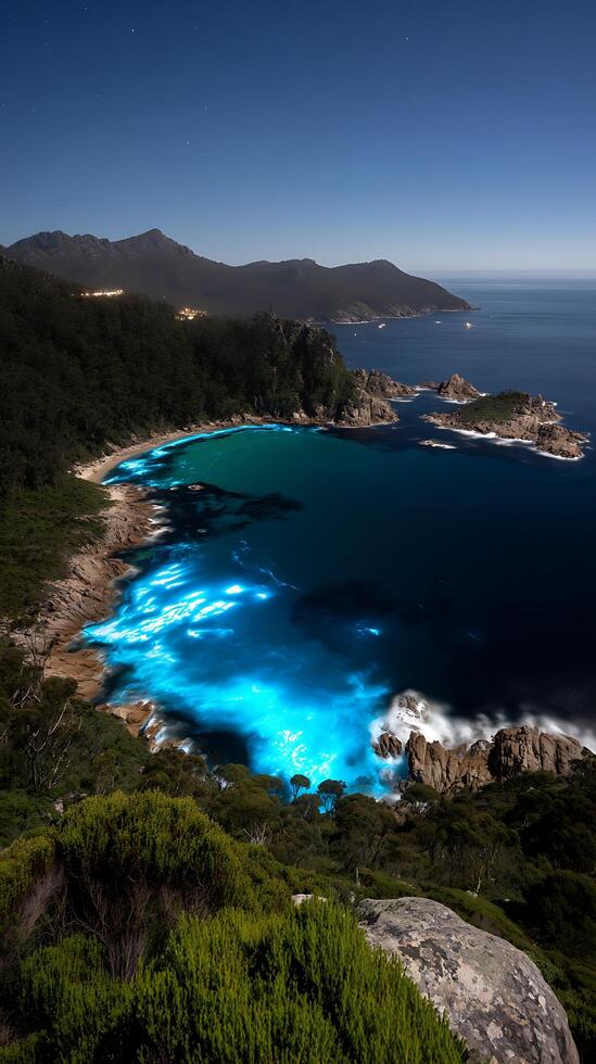 Bioluminescent Waves Light Up a Starry Night Coastal Scene. photo