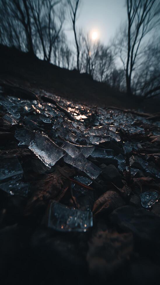 Shimmering Ice Fragments on a Dark Winter Ground Reflecting the Sun. photo
