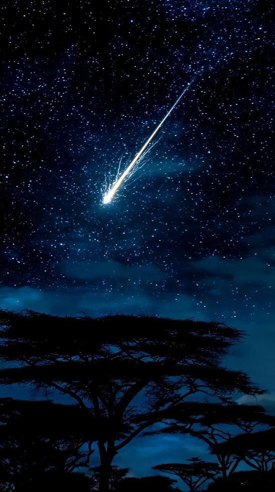 Fiery Meteor Streaks Across a Starry Night Sky Above Silhouetted Trees. photo