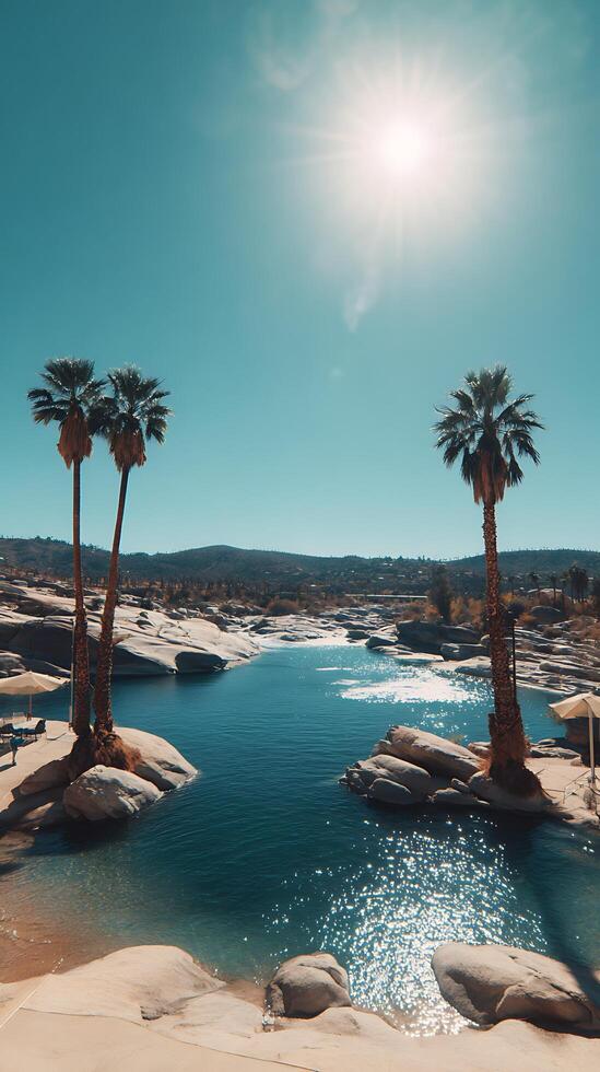 Desert Oasis Paradise Palm Trees Sway Over Rocky Waters Under Sunny Skies. photo