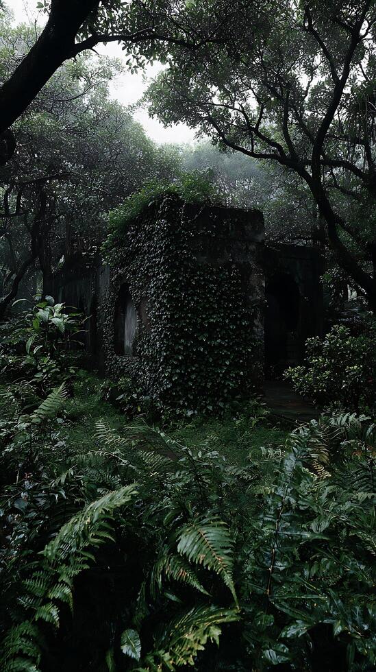 Overgrown abandoned structure hidden deep within a lush, misty forest. photo