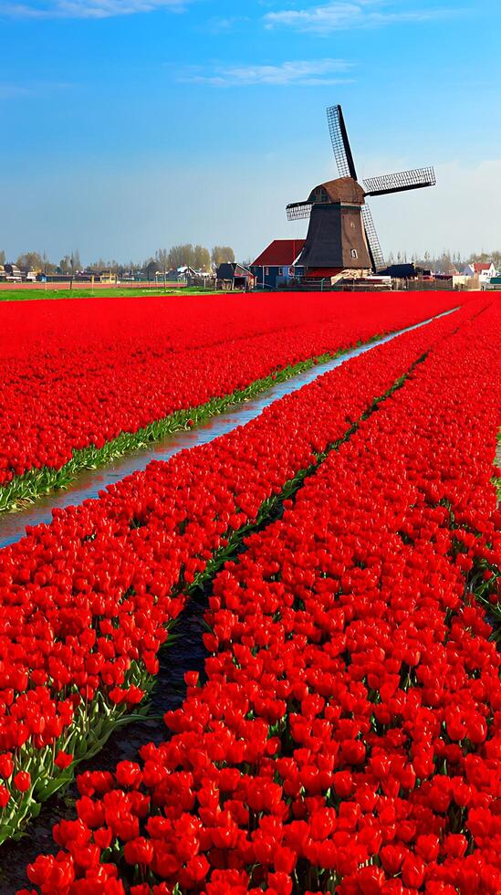 A Dutch Windmill Overlooking Vibrant Red Tulip Fields Under Blue Skies. photo