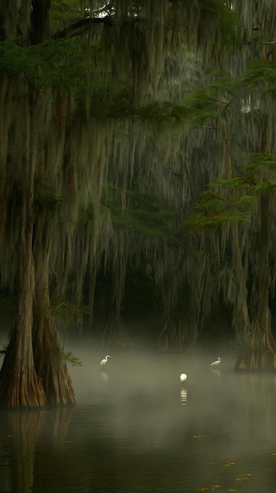 Egrets in Foggy Cypress Swamp with Spanish Moss Draping Trees. photo