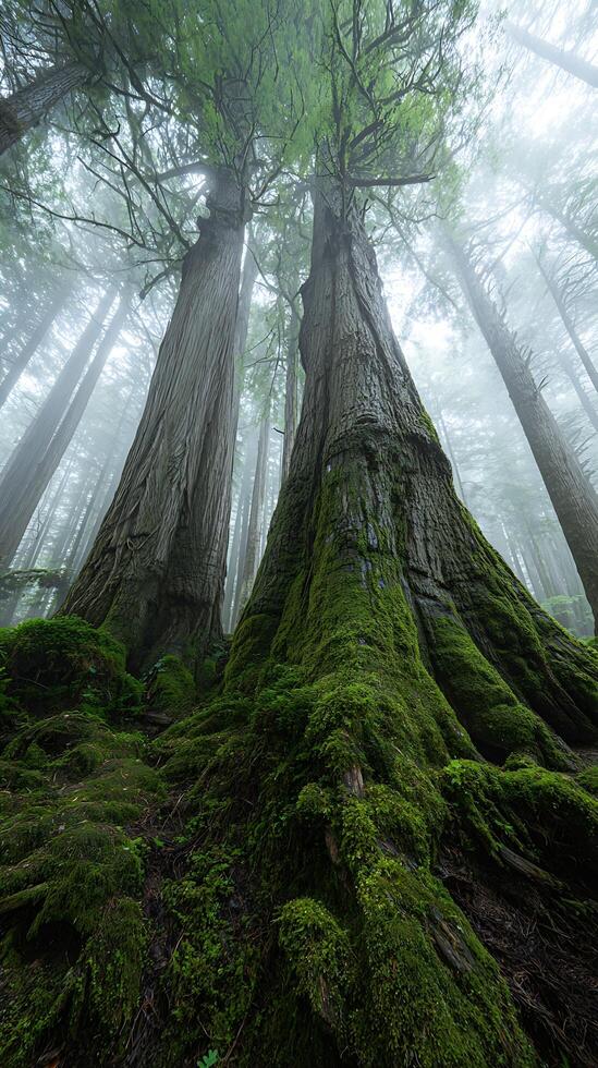 Ancient Forest Giants Covered in Lush Green Moss in the Mist. photo