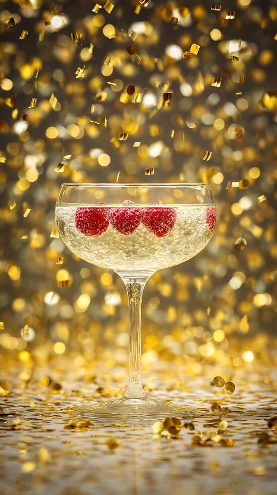 Champagne toast with raspberries and falling gold confetti celebration. photo