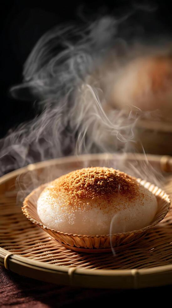 Steaming Hot Bun with Crunchy Topping on a Woven Tray. photo