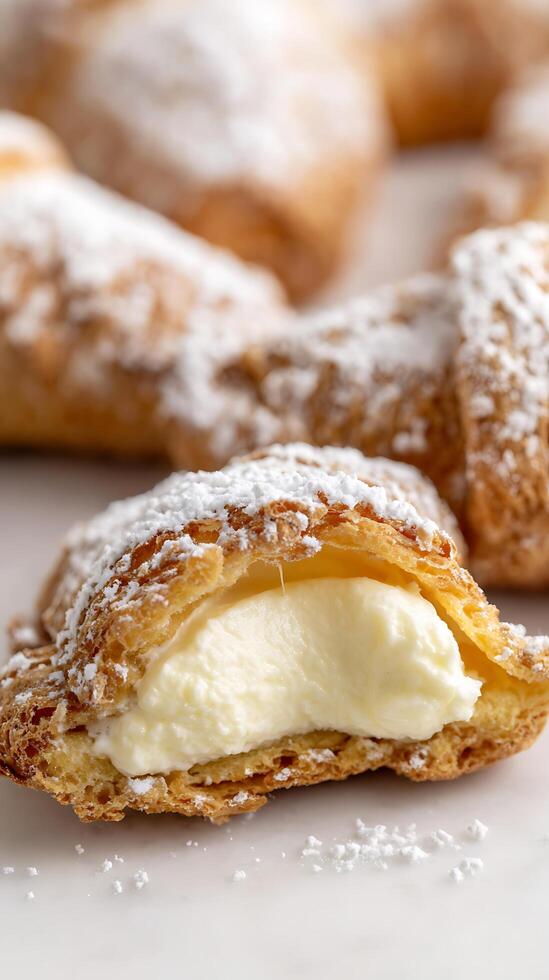 Delicious Cream Puff Pastry Filled with Sweet Custard and Dusted with Powdered Sugar. photo