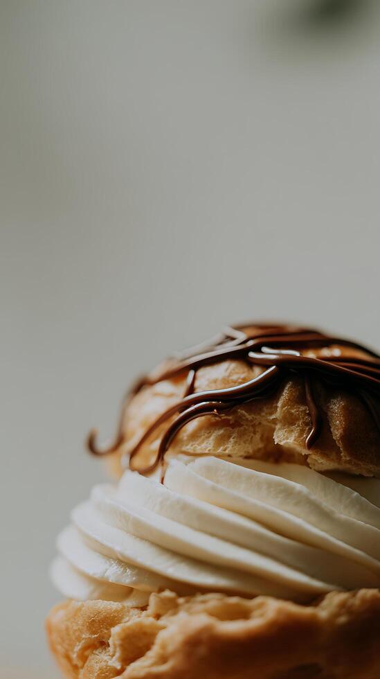 Delicious Cream Puff Drizzled with Rich Chocolate Sauce Close Up photo