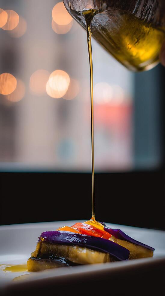 Pouring Golden Olive Oil Over Colorful Roasted Vegetables On A Plate. photo