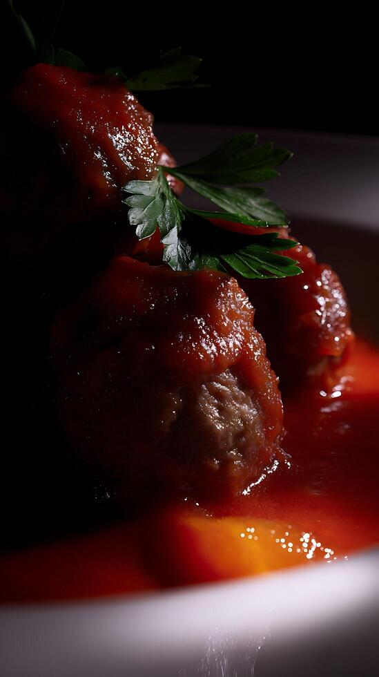 Savory Meatballs Drenched in Rich Tomato Sauce with Fresh Parsley. photo
