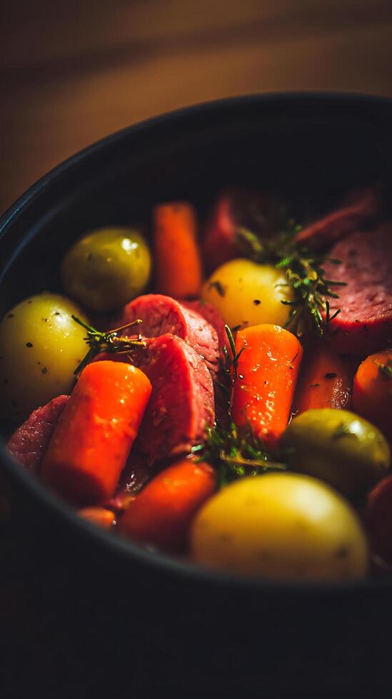 Hearty Beef Stew with Potatoes and Carrots Cooking in a Pot. photo