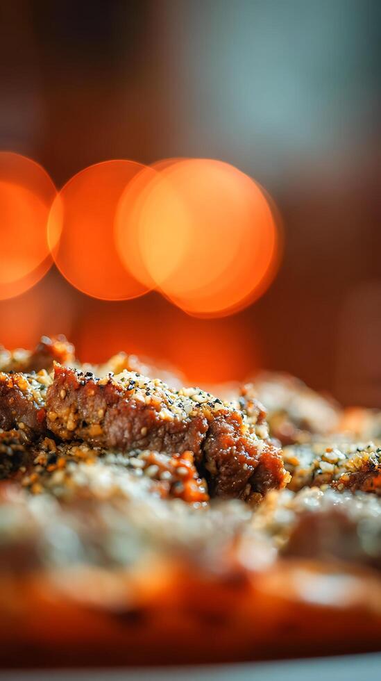 Delicious closeup of seasoned meat with soft warm bokeh lights. photo