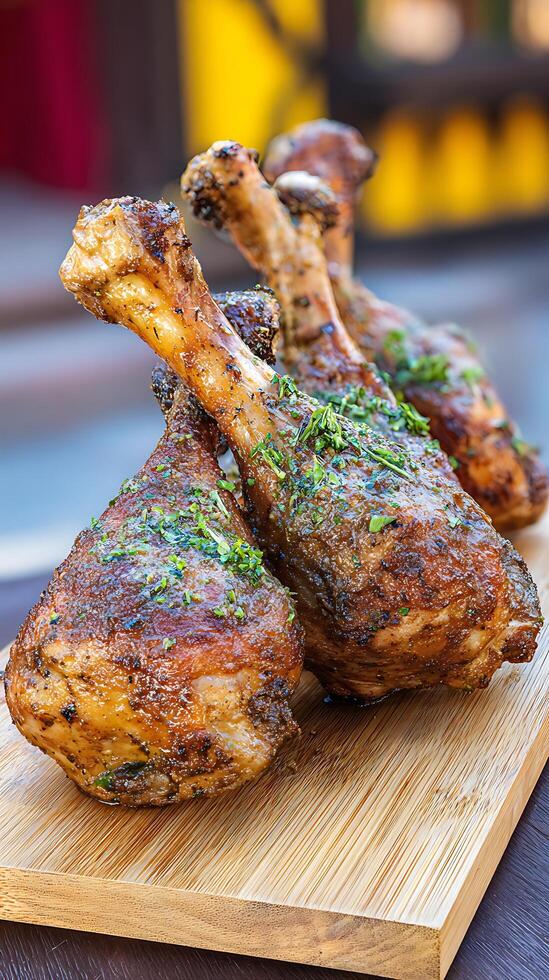 Deliciously Roasted Chicken Drumsticks with Fresh Herbs on a Wooden Board. photo