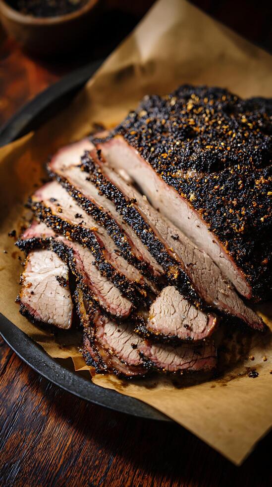 Deliciously Smoked Brisket Slices With Peppercorn Rub on Parchment Paper. photo