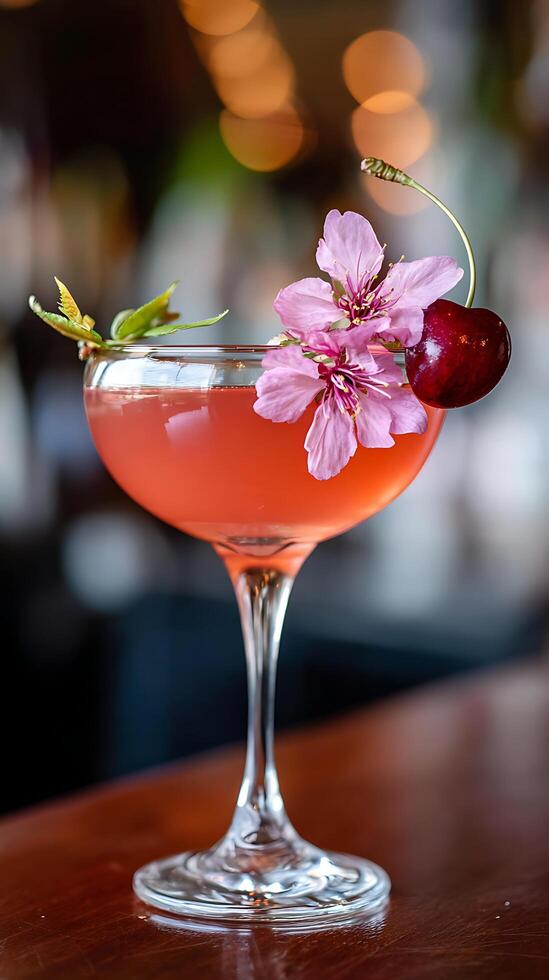 Refreshing Cocktail with Cherry and Delicate Pink Flowers on a Bar Top. photo
