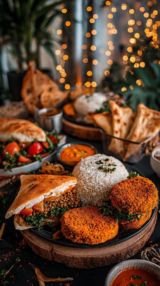 Delicious Indian Feast with Rice and Savory Patties photo