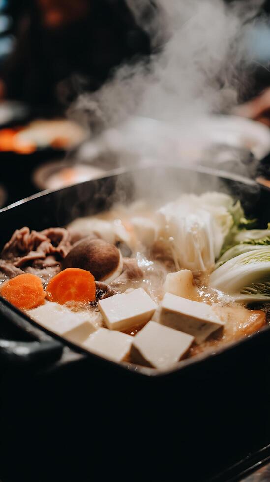 Hot Pot Steaming with Delicious Ingredients and Lots of Flavor. photo